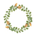 Watercolor wreath with green leaves and twigs, yellow flowers. Floral wreath on the white background. Royalty Free Stock Photo