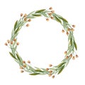 Watercolor wreath with green leaves and twigs, yellow flowers. Floral wreath on the white background. Royalty Free Stock Photo
