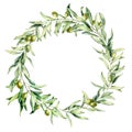 Watercolor wreath with green olive berries and leaves. Hand painted floral border with olive fruit and tree branches Royalty Free Stock Photo
