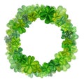 Watercolor wreath with green trefoil and quatrefoil shamrocks. Design of a bright illustration of jewelry for St
