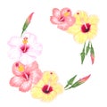 Watercolor wreath with hand-painted hibiscus leaves. Round artistic frame with tropical red, pink and yellow flowers. Elegant grap Royalty Free Stock Photo