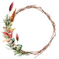 Watercolor wreath with leaves and tree branch. Hand painted tree border with snowberry, dahlia and leaves, lagurus