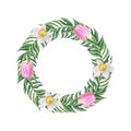 Watercolor wreath of leaves, tulips and daffodils on a white background. Royalty Free Stock Photo