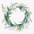 Watercolor wreath made with lily of the walley and leaves on whitebackground. Generative Ai.