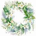 Watercolor wreath made with lily of the walley and leaves on whitebackground. Generative Ai.