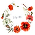 Watercolor Wreath made of Red Poppy Flowers in Vintage Style Royalty Free Stock Photo