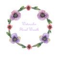 Watercolor wreath with meadow flowers poppies, cornflowers, california poppies, leaves, buds