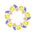 Watercolor wreath of muscari, tulips and daffodils on white background. Royalty Free Stock Photo