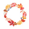 Watercolor wreath with mushrooms, berries, colored leaves.
