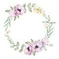 Watercolor wreath of pink anemones