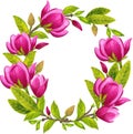 Watercolor wreath of pink magnolia. Hand-drawn spring flower illustration isolated on the white background.