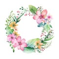 watercolor wreath of pink and orange flowers and green leaves, floral frame design for invitation, wedding or greeting cards. Royalty Free Stock Photo