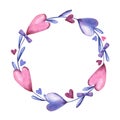 Watercolor wreath with pink, purple flowers and hearts on white background.