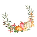 Watercolor wreath with pumpkins, autumn leaves, berries, flowers