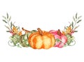 Watercolor wreath with pumpkins, autumn leaves, berries