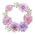 Watercolor Wreath Of Purple Daisies With Leaves