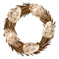 Watercolor wreath with quail eggs. Hand drawn small speckled dotted eggs with bare branches isolated on white background