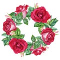 Watercolor wreath with red flower rose blooms, leaves and buds. Hand drawn illustration. For clipart cards invitation Royalty Free Stock Photo
