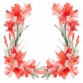 Watercolor Wreath Of Red Iris Flowers On White