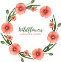 Watercolor wreath of red poppies with green leaves on a white background. Summer flower frame for wedding invitations, greeting Royalty Free Stock Photo