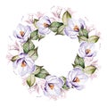 Watercolor wreath with rose and crocus flowers.