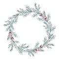 Watercolor wreath of rosemary twigs with leaves and red berries. Taxus baccata. Juniper essential oil. Kitchen herbs