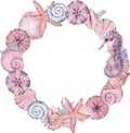 Watercolor wreath of seashells, starfish and seahorse. Ocean life frame. Pink and blue colors