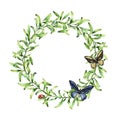 Watercolor wreath with spring herbs, butterfly and ladybug. Hand painted floral border isolated on white background