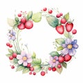 Watercolor wreath of strawberries. Berries, flowers and leaves strawberries. Strawberry round frame