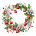 Watercolor wreath of strawberries. Berries, flowers and leaves strawberries. Strawberry round frame