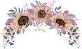 Watercolor wreath with sunflowers, blue berries and purple leaves. Fall border. Thanksgiving illustration