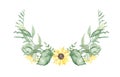 Watercolor wreath with sunflowers, leaves, foliage, greenery, buds