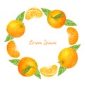 Watercolor wreath with tangerines. Hand painted round citrus frame isolated on white background. Orange fruits with slices and