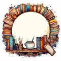 Watercolor wreath of vintage books and stationery. Books and pens are on the table