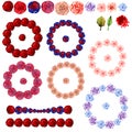 Watercolor wreaths and ornaments from multi-colored rose flowers red blue delicate pink beauty isolated drawings on a white backgr