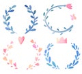 Watercolor wreaths set, cute kawaii style, holiday card layouts, blanks for valentines day design