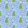 Watercolor Xmas seamless pattern. Hand drawn Christmas tree, star topper, balls and decoration, garland, candy cane. Celebration