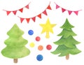 Watercolor Xmas set. Hand drawn Christmas tree, star topper, balls and decorations, garland. Celebration elements isolated on Royalty Free Stock Photo