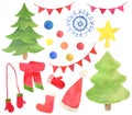 Watercolor Xmas set. Hand drawn Christmas tree, star topper, balls and decorations, garland, snowflake, mittens, scarf, sock. Royalty Free Stock Photo