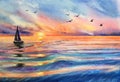 Watercolor yacht sailboat. Sunset at sea, ocean. Colorful seascape. Orange, yellow, blue, purple background. Horizontal view, copy