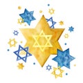 Watercolor yellow blue stars of David. Jewish illustration for Hanukkah, Purim, Proud to be Jew, Support Uktaine designs