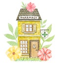 Watercolor yellow cartoon pharmacy building in flowers