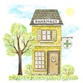 Watercolor yellow cartoon pharmacy building surrounded landscape Royalty Free Stock Photo