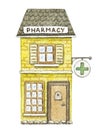 Watercolor yellow cartoon pharmacy building