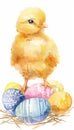 Watercolor yellow chick and easter eggs. AI generated. Royalty Free Stock Photo