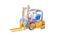 Watercolor yellow forklift with yellow forks without load in a quiet state on a white background isolated. Distribution