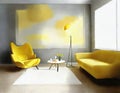 Watercolor of Yellow living room with modern floor lamp and gray wall