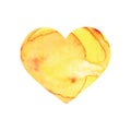 Watercolor yellow, Sunny heart isolated on white background. Design for wedding, heart day, love, Valentine`s Day. Wet paint