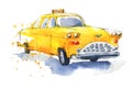 Watercolor yellow traditional taxi, hand painted