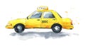 Watercolor yellow traditional taxi, hand painted